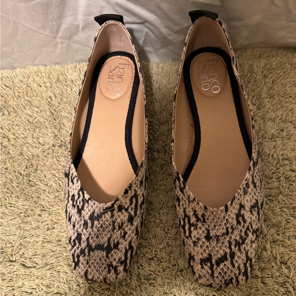 Franco Sarto Snake-Print Square-Toe Ballet Flats in Beige and Black